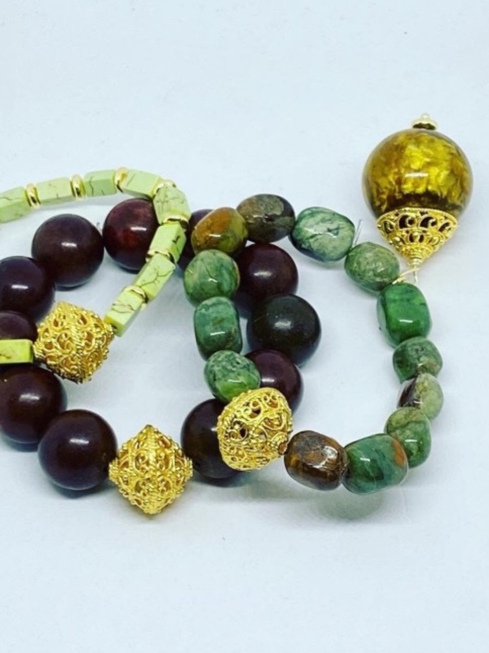 Gold Accent Green and Brown Beaded Women's Bracelet Set